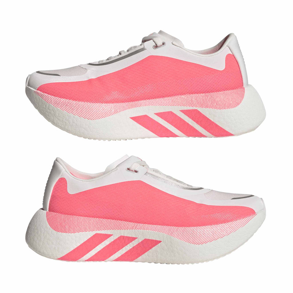 A pair of adidas Women's Hyperboost Edge Running Shoes in the Hyper White/Solar Turbo/Solar Turbo colourway.