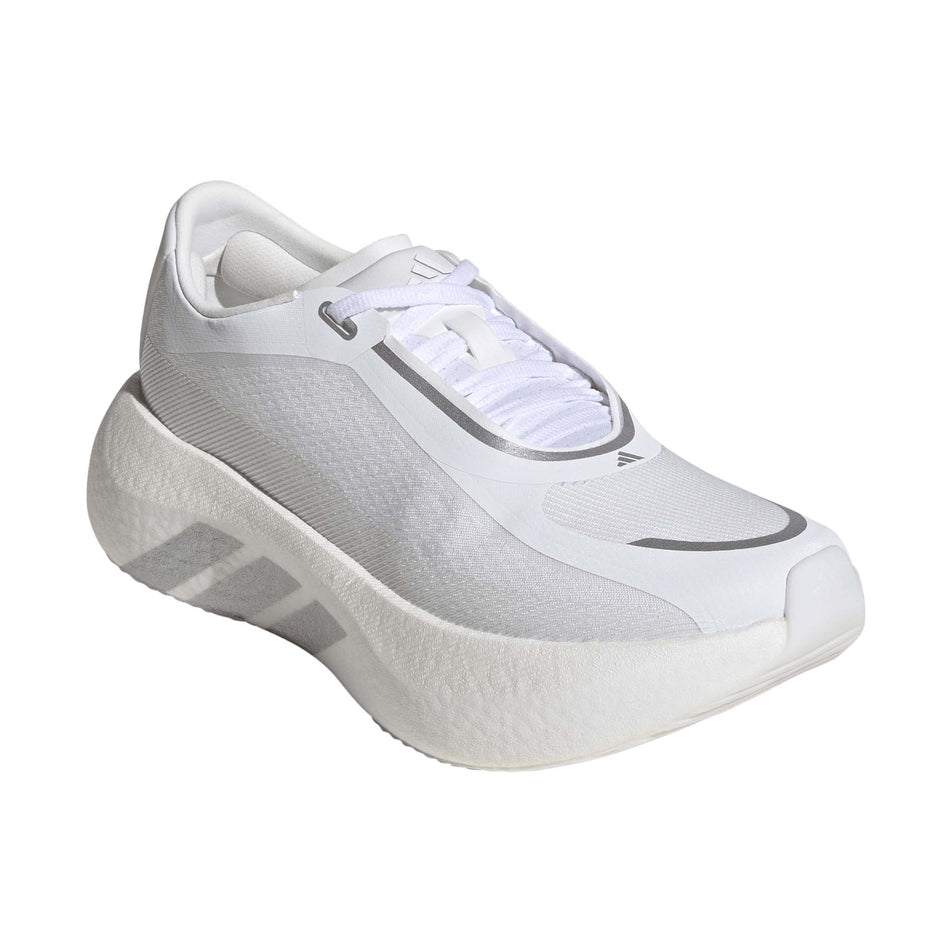 Lateral view of the right shoe from a pair of adidas Women's Hyperboost Edge Running Shoes in the Ftwr White/Silver Met./Zero Met. colourway.