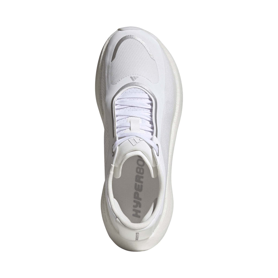 The upper of the right shoe from a pair of adidas Women's Hyperboost Edge Running Shoes in the Ftwr White/Silver Met./Zero Met. colourway.