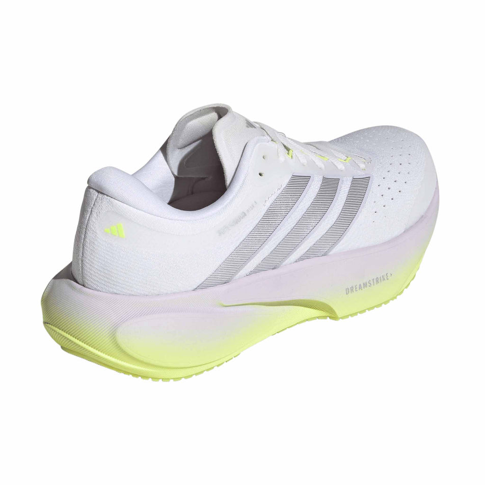 Lateral view of the right shoe from a pair of adidas Women's Supernova Rise 3 Running Shoes in the Crystal White/Silver Met./Purple Tint colourway.