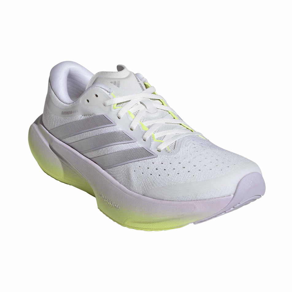 Lateral view of the right shoe from a pair of adidas Women's Supernova Rise 3 Running Shoes in the Crystal White/Silver Met./Purple Tint colourway.