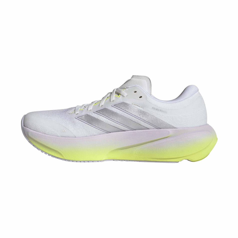 Medial view of the right shoe from a pair of adidas Women's Supernova Rise 3 Running Shoes in the Crystal White/Silver Met./Purple Tint colourway.