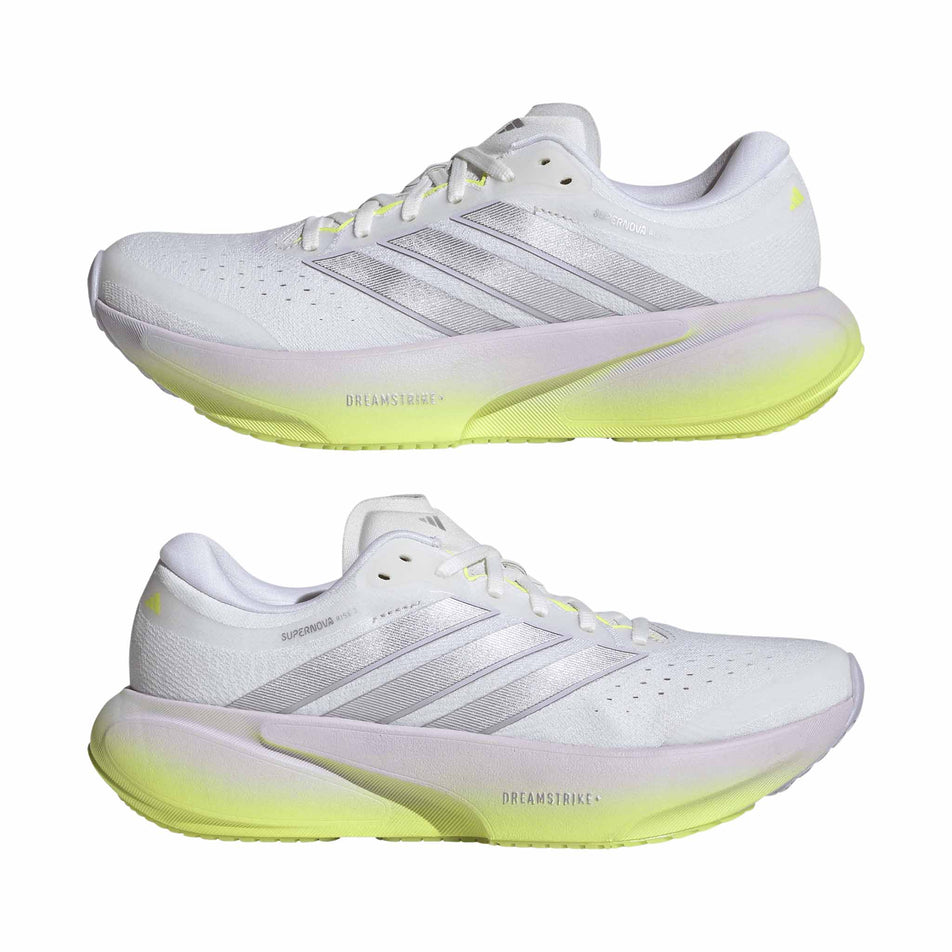 A pair of adidas Women's Supernova Rise 3 Running Shoes in the Crystal White/Silver Met./Purple Tint colourway.