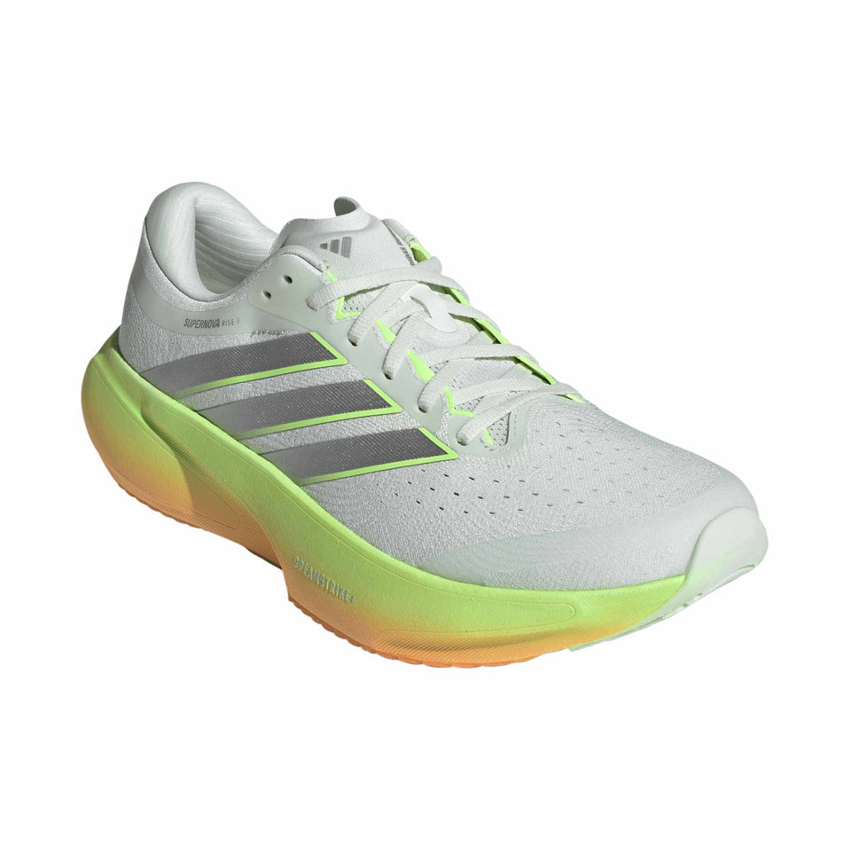 Lateral view of the right shoe from a pair of adidas Men's Supernova Rise 3 Running Shoes in the Crystal Jade/Silver Met./Lucid Tangerine colourway.