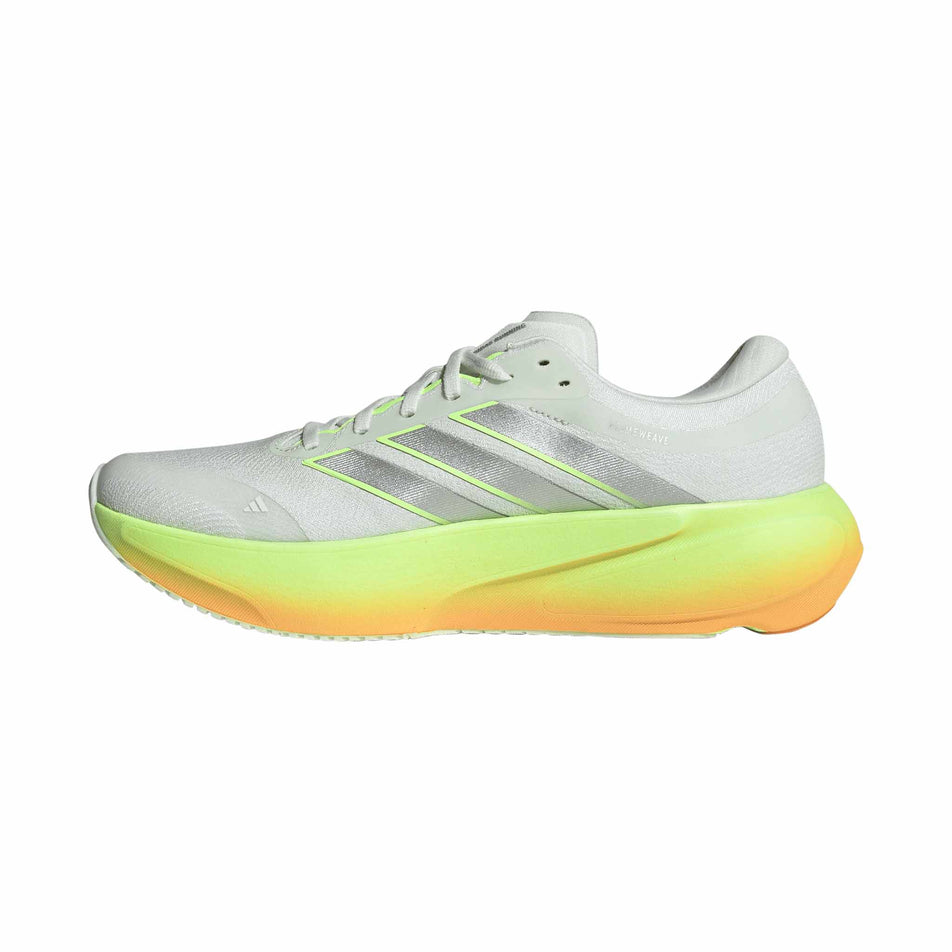 Medial view of the right shoe from a pair of adidas Men's Supernova Rise 3 Running Shoes in the Crystal Jade/Silver Met./Lucid Tangerine colourway.