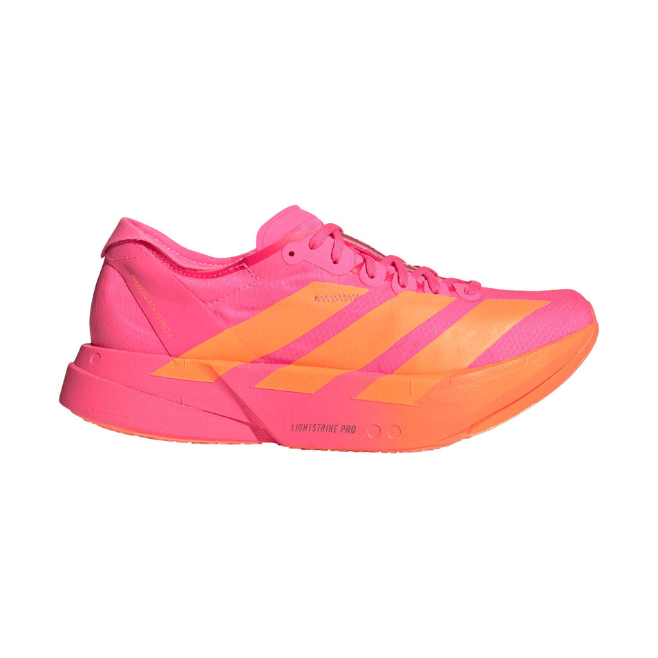 Lateral view of the right shoe from a pair of adidas Women's Adizero Adios Pro 4 Running Shoes in the Lucid Pink/Lucid Orange/Iron Met. colourway.
