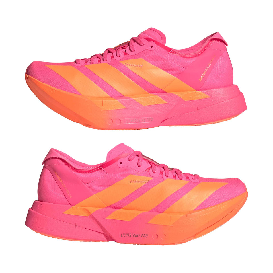 A pair of adidas Women's Adizero Adios Pro 4 Running Shoes in the Lucid Pink/Lucid Orange/Iron Met. colourway.