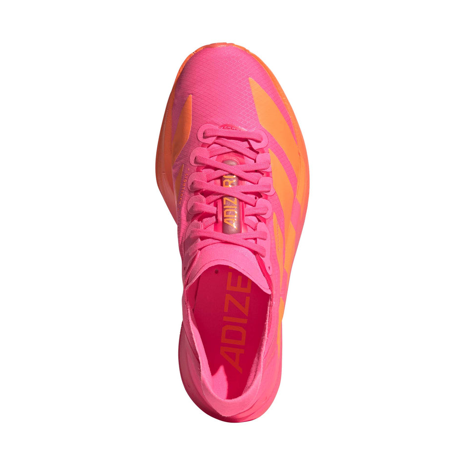 The upper of the right shoe from a pair of adidas Women's Adizero Adios Pro 4 Running Shoes in the Lucid Pink/Lucid Orange/Iron Met. colourway.