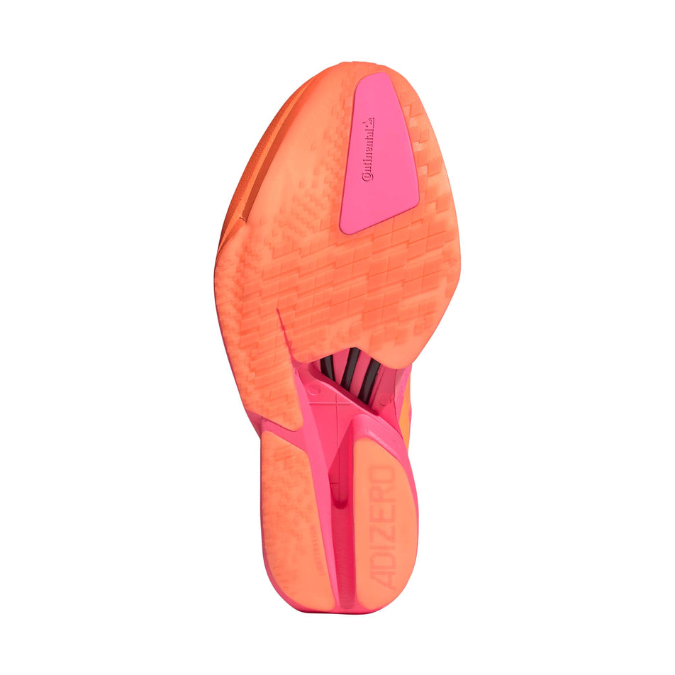 The outsole of the right shoe from a pair of adidas Women's Adizero Adios Pro 4 Running Shoes in the Lucid Pink/Lucid Orange/Iron Met. colourway.