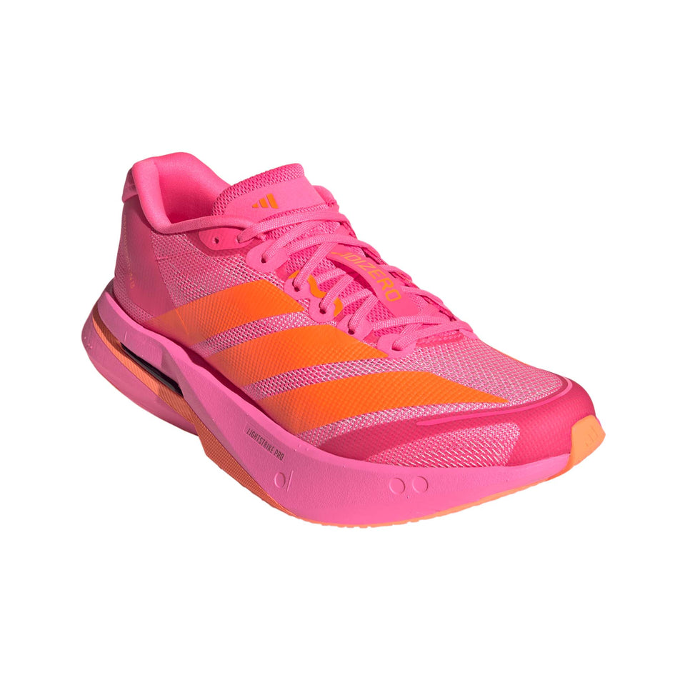 Lateral view of the right shoe from a pair of adidas Women's Adizero Boston 13 Running Shoes in the Lucid Pink/Lucid Orange/Iron Met. colourway.