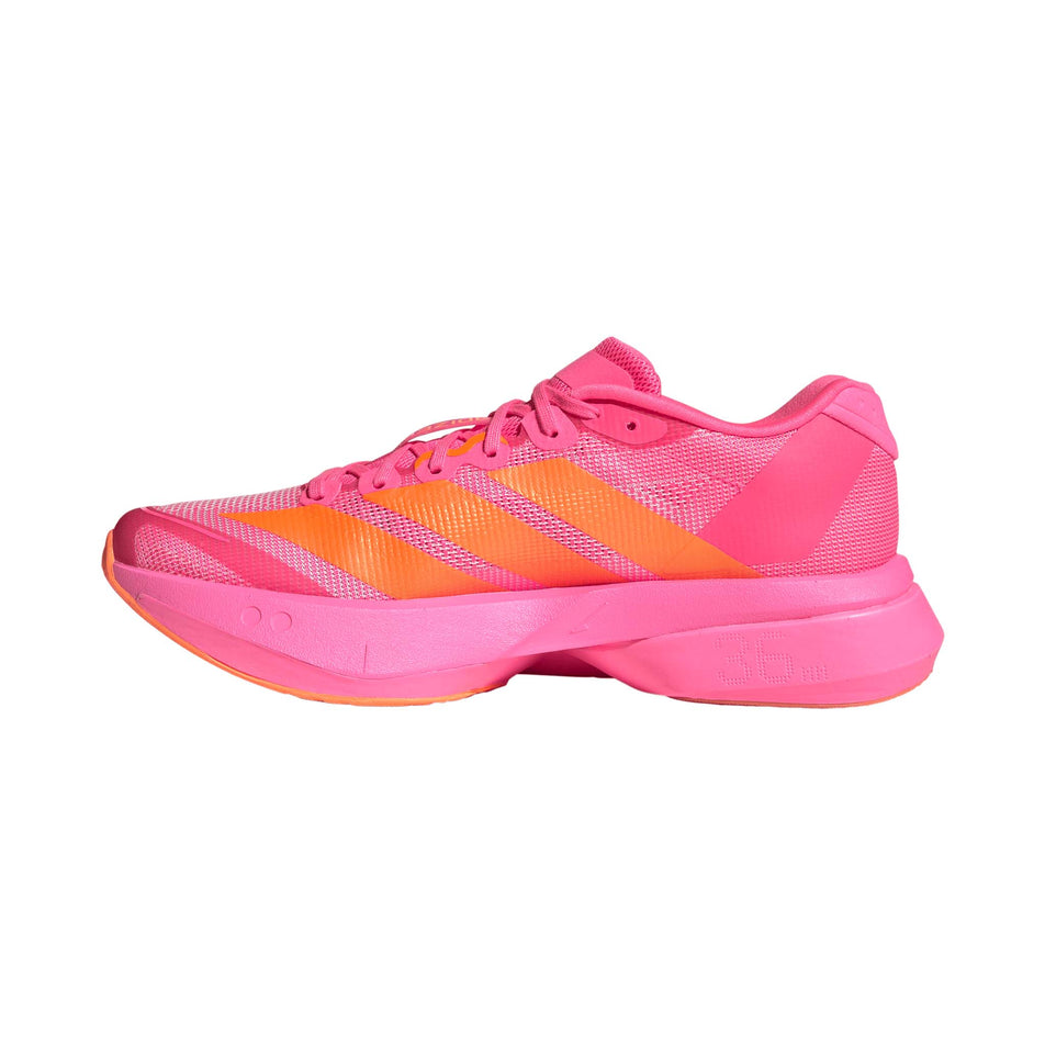 Medial view of the right shoe from a pair of adidas Women's Adizero Boston 13 Running Shoes in the Lucid Pink/Lucid Orange/Iron Met. colourway.