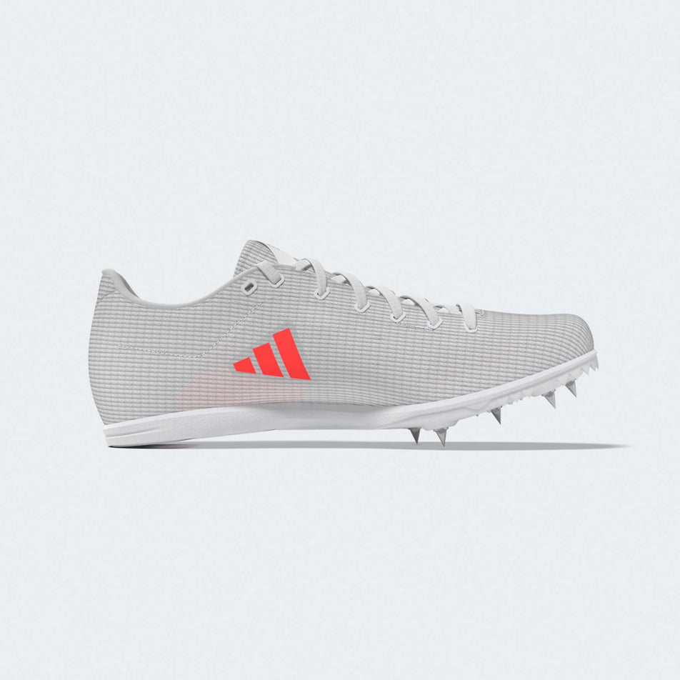 Medial image of the left shoe from a pair of adidas Junior-Unisex Allroundstar Running Spikes in the Ftwr White/Solar Turbo/Gold Met. colourway.
