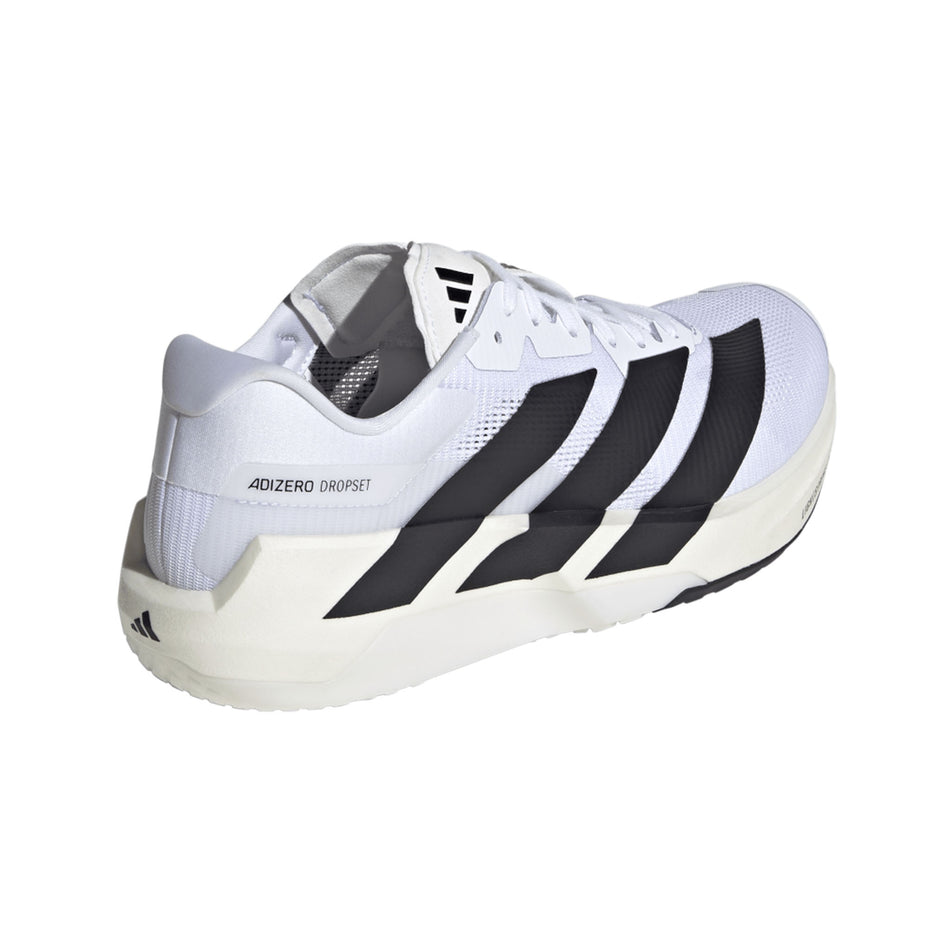 Lateral view of the right shoe from a pair of adidas Men's Adizero Dropset Pro Shoes in the Footwear White/Core Black/Footwear White colourway.