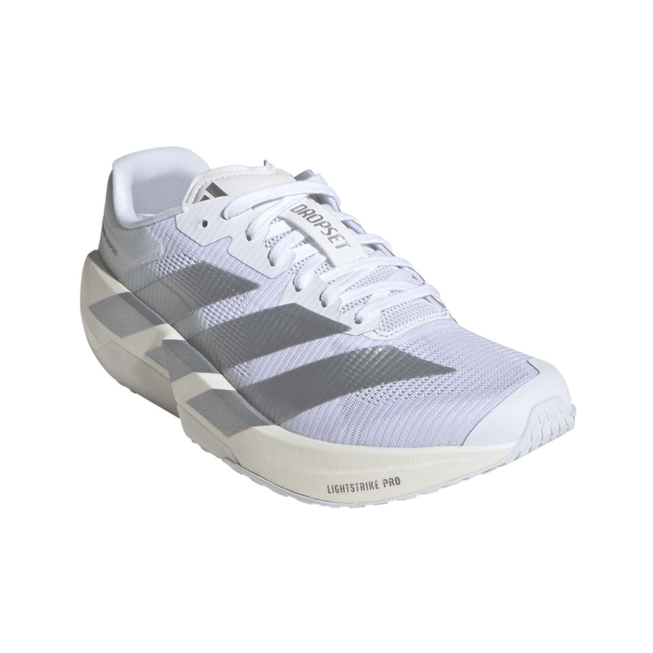 Lateral view of the right shoe from a pair of adidas Women's Adizero Dropset Pro Shoes in the Footwear White/Silver Met./Footwear White colourway.