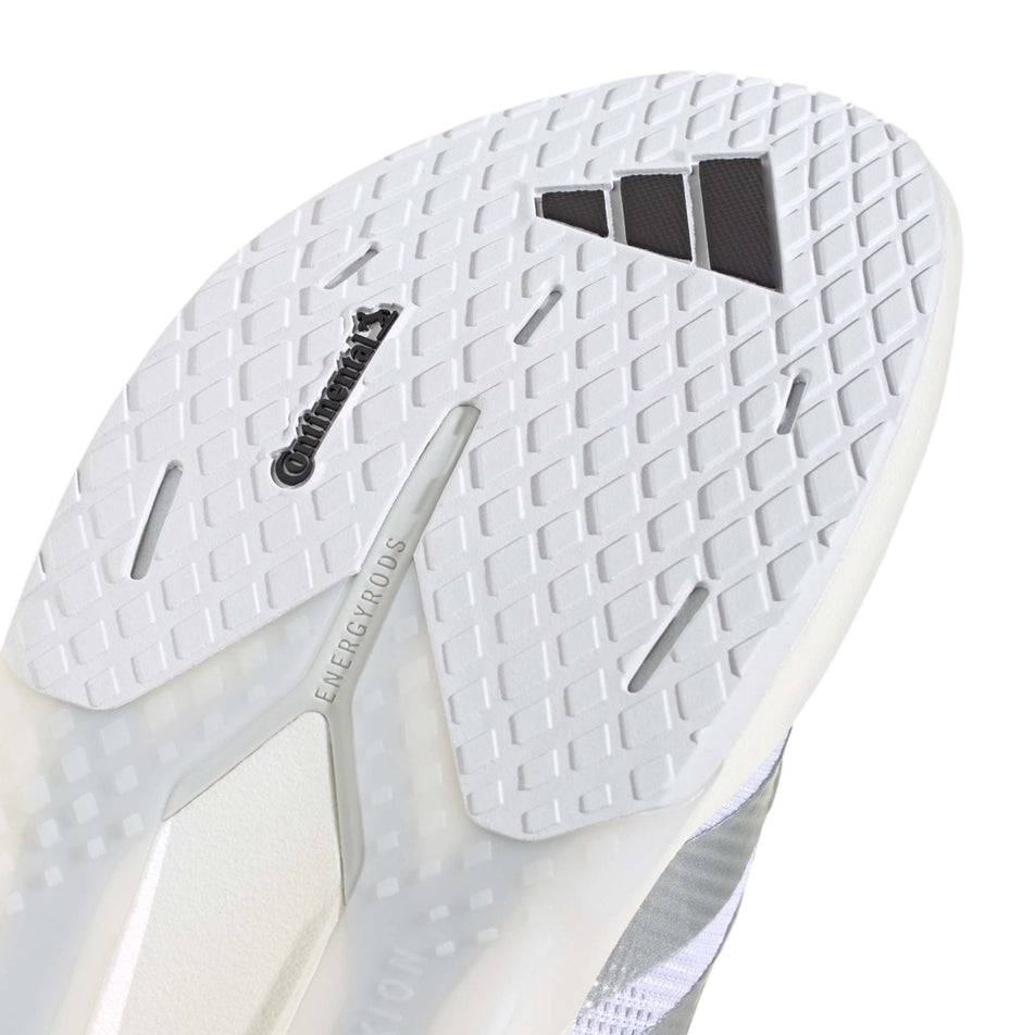 Close-up view of the forefoot of the right shoe from a pair of adidas Women's Adizero Dropset Pro Shoes in the Footwear White/Silver Met./Footwear White colourway.