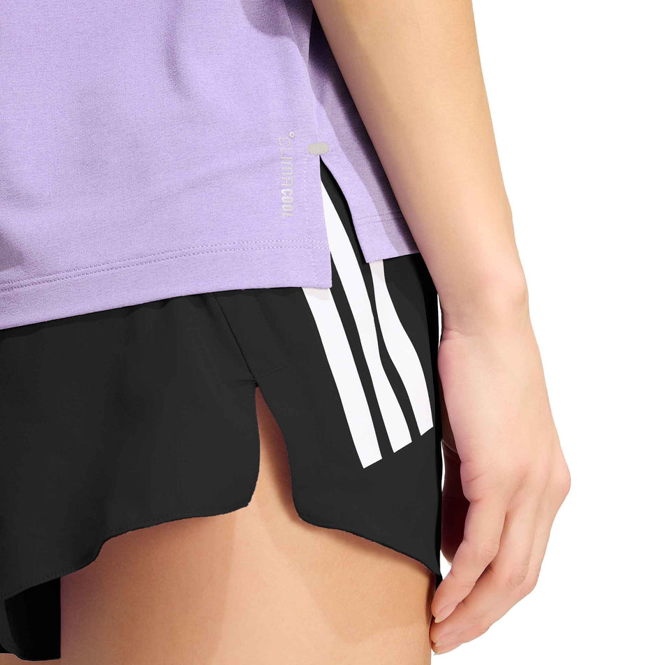 Close-up view of the CLIMACOOL branding on the adidas Women's adi365 Tee in the Magic Lilac colourway.
