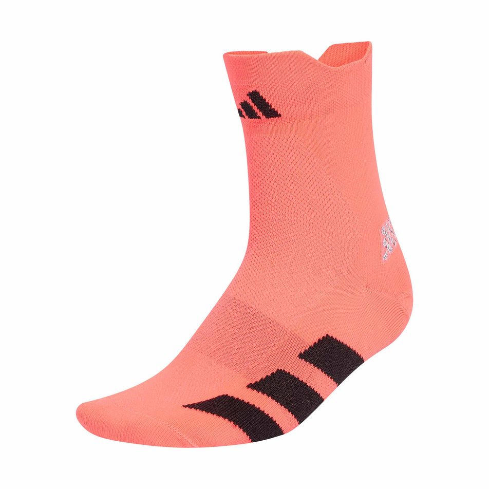 The left sock from a pair of adidas Unisex Run Adizero Quarter Running Socks in the Solar Turbo/Black colourway.