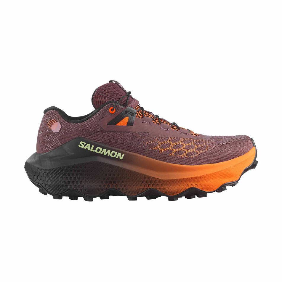 Lateral view of the right shoe from a pair of Salomon Women's Ultra Glide 4 Trail Running Shoes in the Huckleberry/Black colourway.