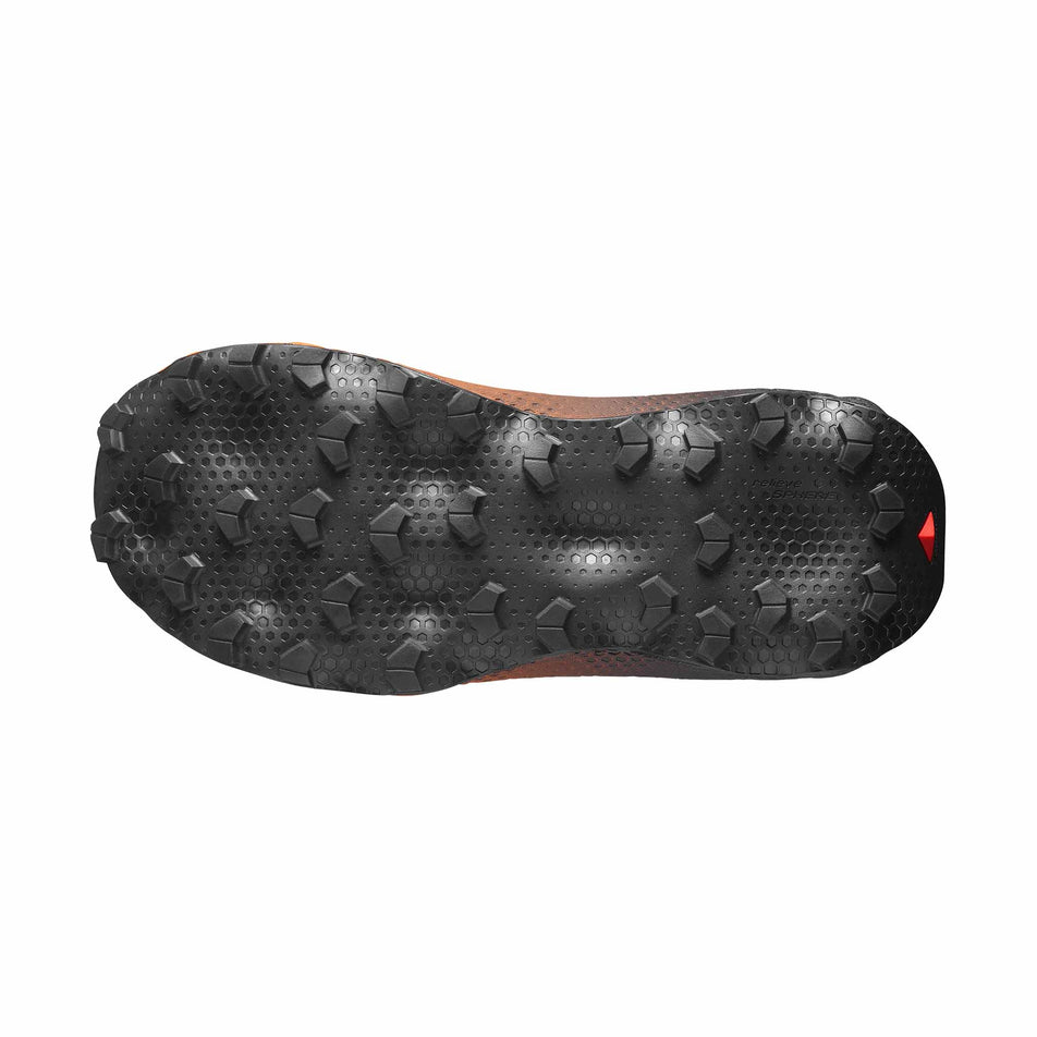 The outsole of the right shoe from a pair of Salomon Women's Ultra Glide 4 Trail Running Shoes in the Huckleberry/Black colourway.
