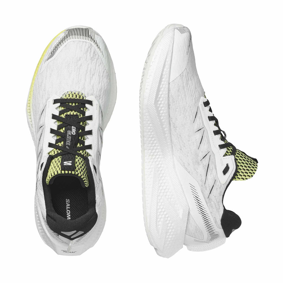 A pair of Salomon Men's Aero Glide 4 Running Shoes in the White/Sunny Lime colourway.
