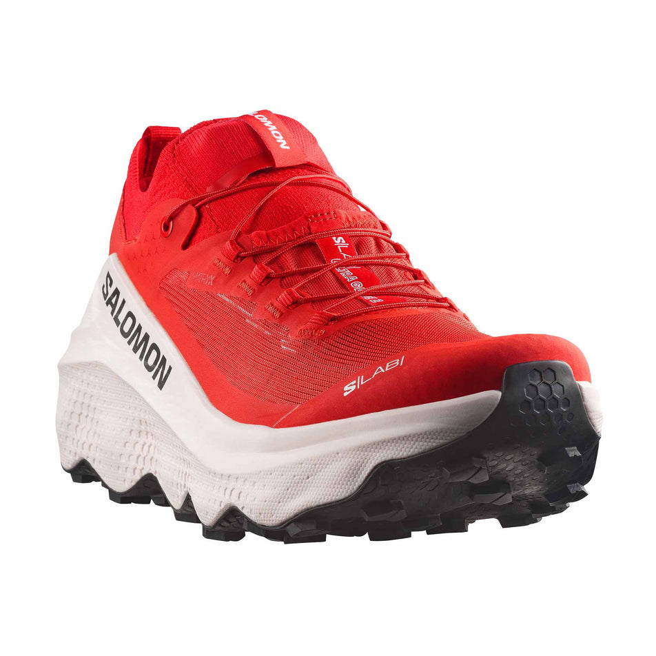 Lateral view of the right shoe from a pair of Salomon Unisex S/Lab Ultra Glide 2 Trail Running Shoes in the Fiery Red/Fiery Red colourway.
