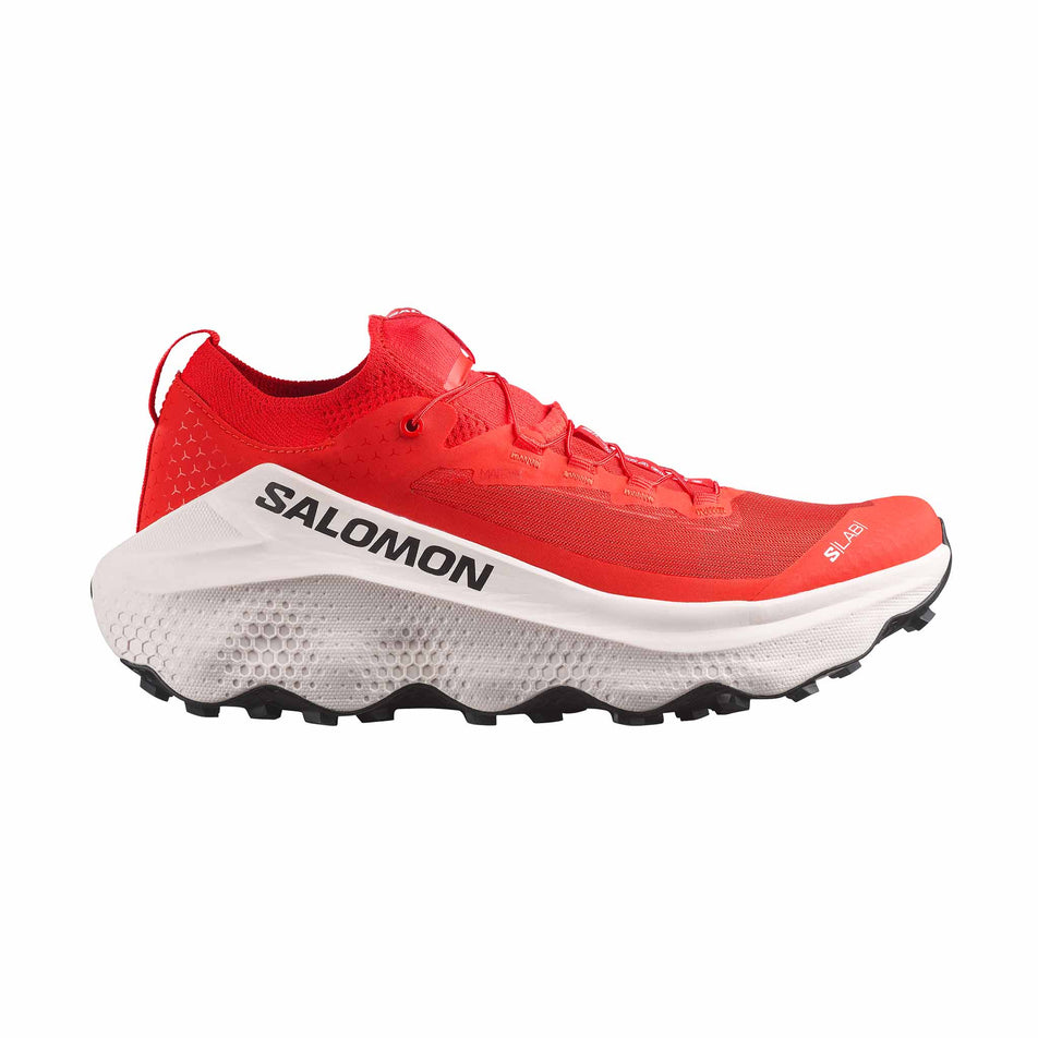 Lateral view of the right shoe from a pair of Salomon Unisex S/Lab Ultra Glide 2 Trail Running Shoes in the Fiery Red/Fiery Red colourway.