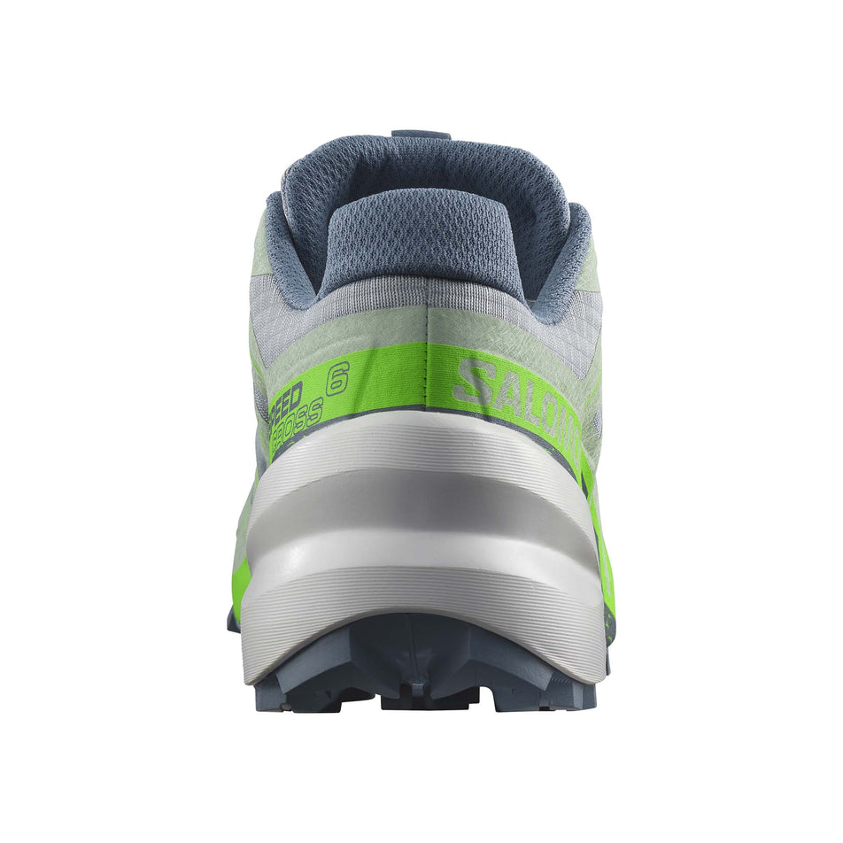 Back of the right shoe from a pair of Salomon Women's Speedcross 6 Running Shoes in the Quarry/Green Gecko/Flint Stone colourway (7986290786466)