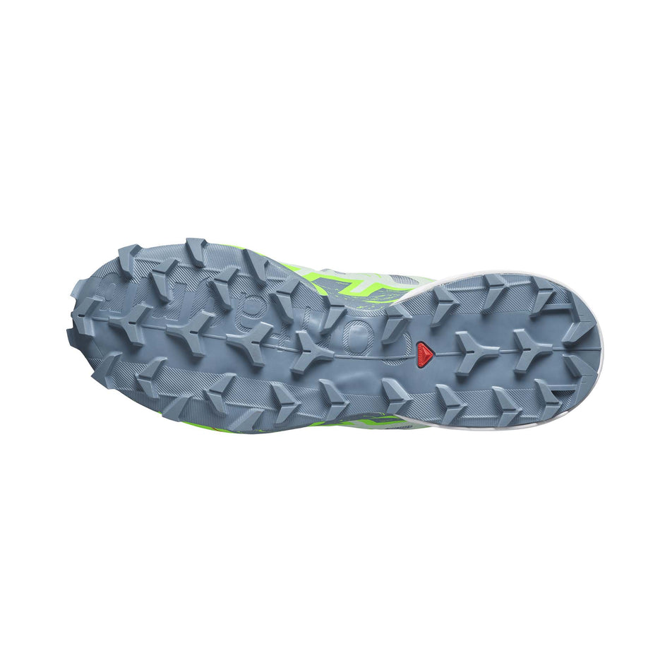 Outsole of the right shoe from a pair of Salomon Women's Speedcross 6 Running Shoes in the Quarry/Green Gecko/Flint Stone colourway (7986290786466)