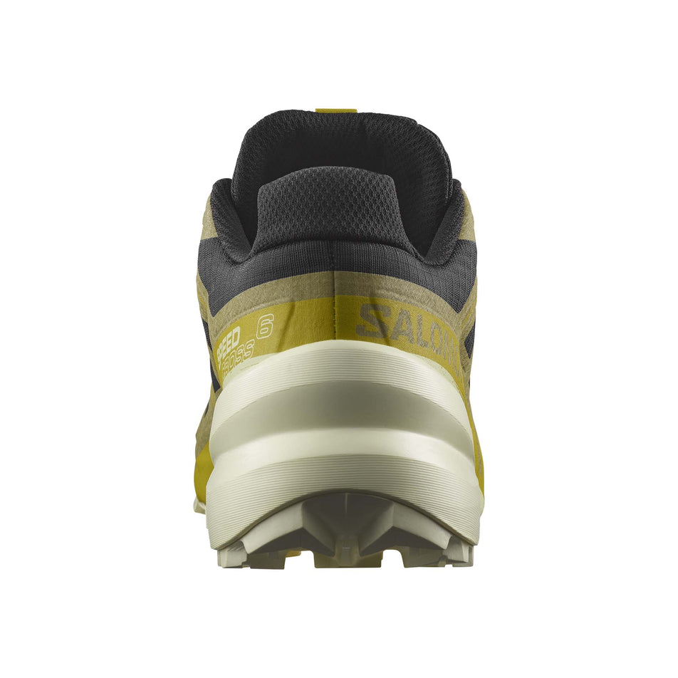 Back of the right shoe from a pair of Salomon Men's Speedcross 6 Running Shoes in the Black/Cress Green/Transparent colourway (7986242125986)