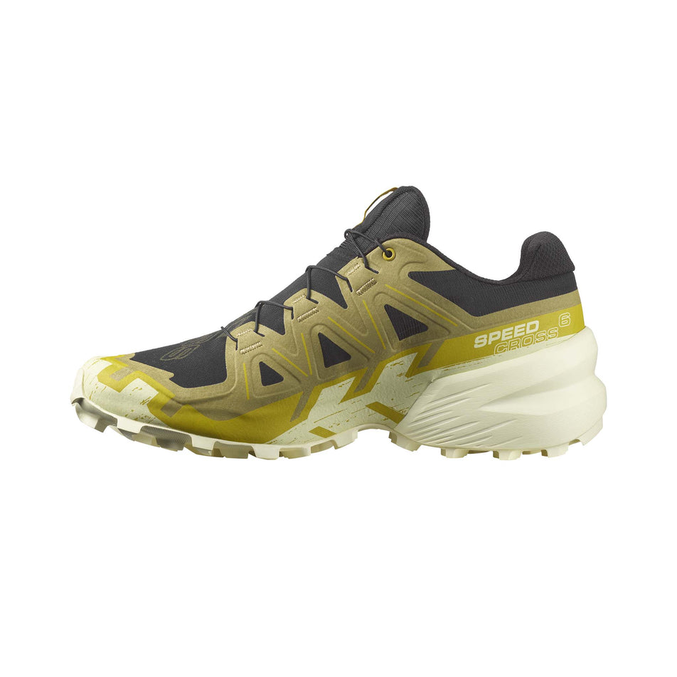 Medial side of the right shoe from a pair of Salomon Men's Speedcross 6 Running Shoes in the Black/Cress Green/Transparent colourway (7986242125986)