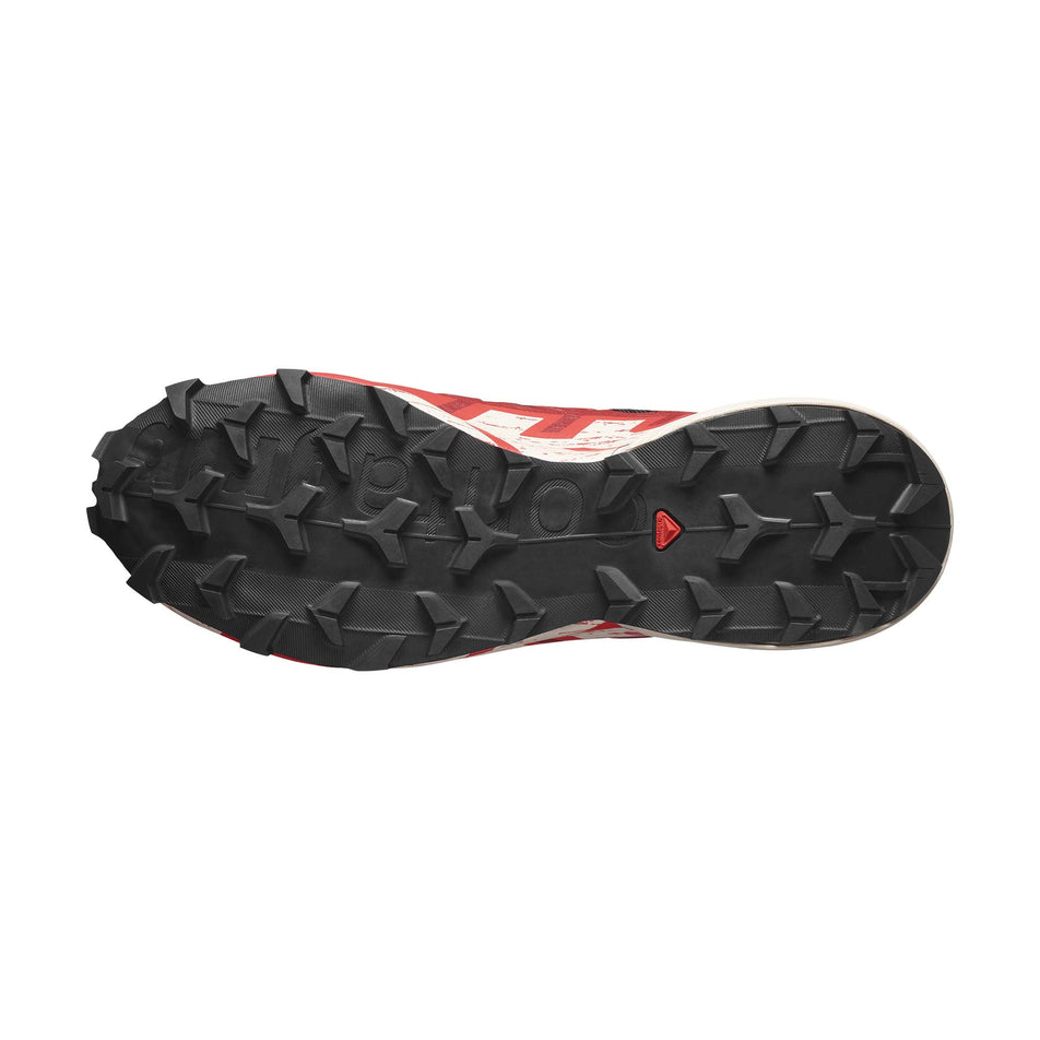 Outsole of the right shoe from a pair of Salomon Men's Speedcross 6 GORE-TEX Running Shoes in the Black/Red Dalhia/Poppy Red colourway (7986257232034)