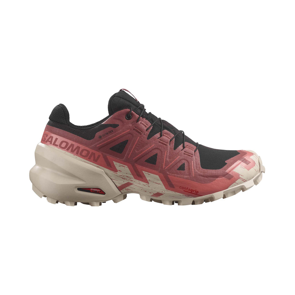 Lateral side of the right shoe from a pair of Salomon Women's Speedcross 6 GORE-TEX Running Shoes in the Black/Cow Hide/Faded Rose colourway (7986302025890)