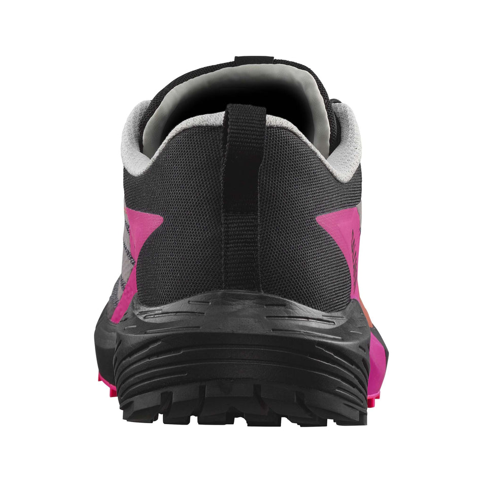 Back of the right shoe from a pair of Salomon Men's Sense Ride 5 Running Shoes in the Plum Kitten/Black/Pink Glo colourway (7986267979938)