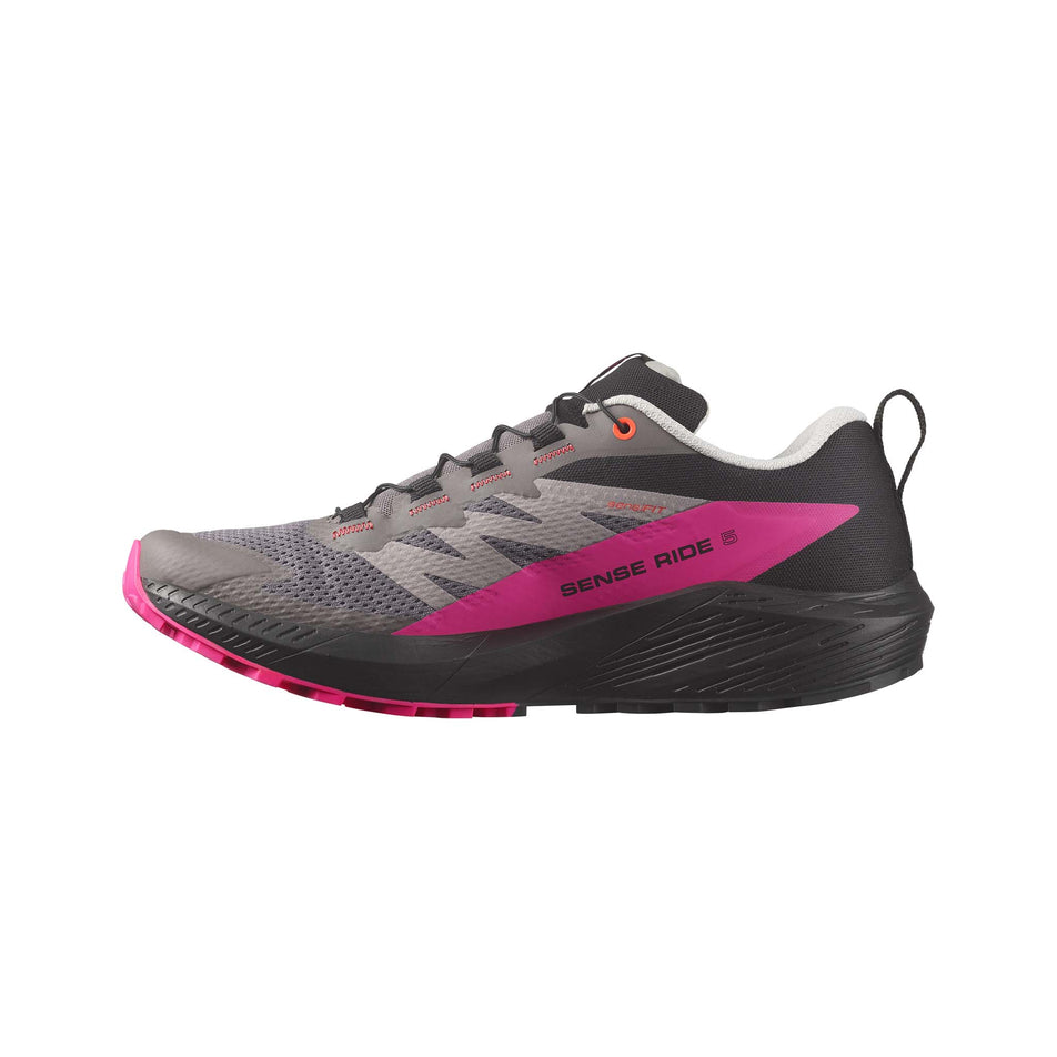 Medial side of the right shoe from a pair of Salomon Men's Sense Ride 5 Running Shoes in the Plum Kitten/Black/Pink Glo colourway (7986267979938)