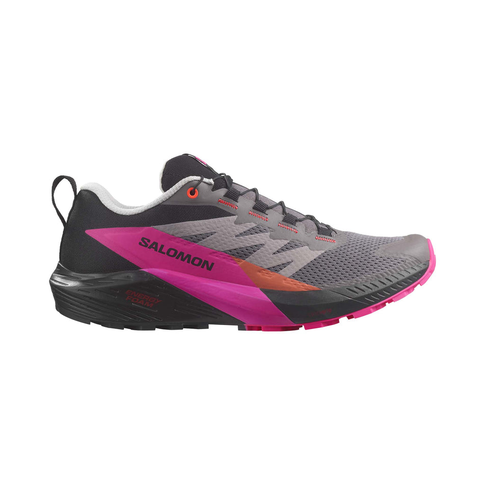 Lateral side of the right shoe from a pair of Salomon Men's Sense Ride 5 Running Shoes in the Plum Kitten/Black/Pink Glo colourway (7986267979938)