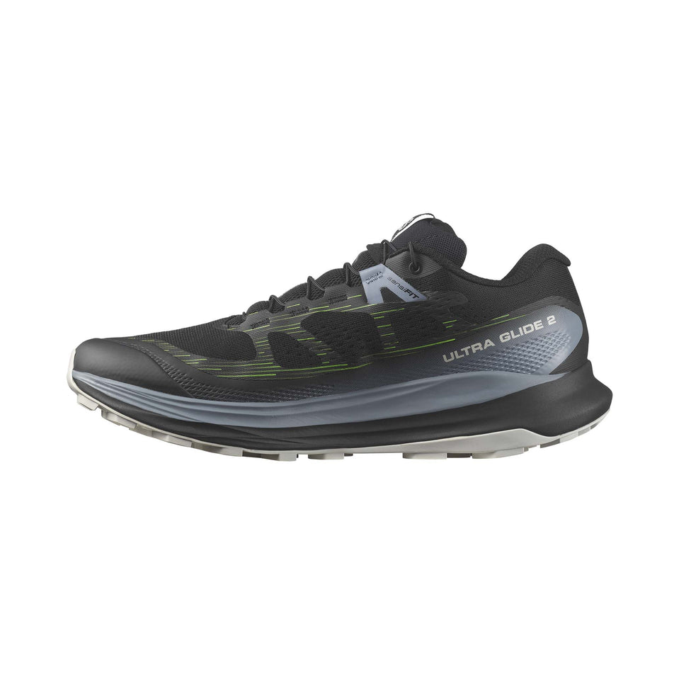 Medial side of the right shoe from a pair of Salomon Men's Ultra Glide 2 Trail Running Shoes in the Black/Flint Stone/Green Gecko colourway (8157912367266)