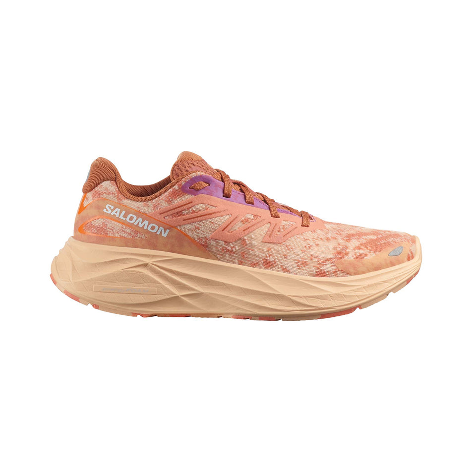 Lateral side of the right shoe from a pair of Salomon Women's Aero Glide 2 Running Shoes in the Spice Route/Peach Quartz/Fresh Salmon colourway (8193571586210)