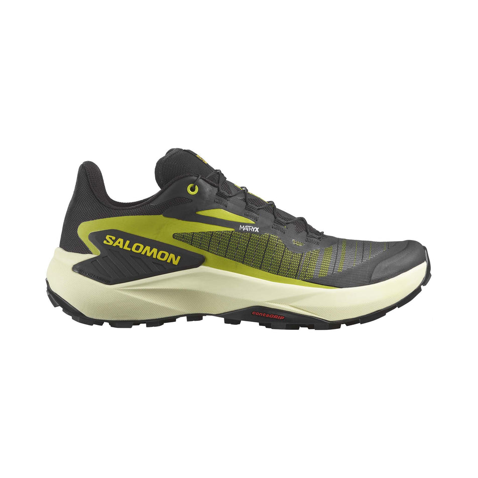 Lateral side of the right shoe from a pair of Salomon Men's Genesis Running Shoes in the Black/Sulphur Spring/Transparent Yellow colourway (8308332888226)