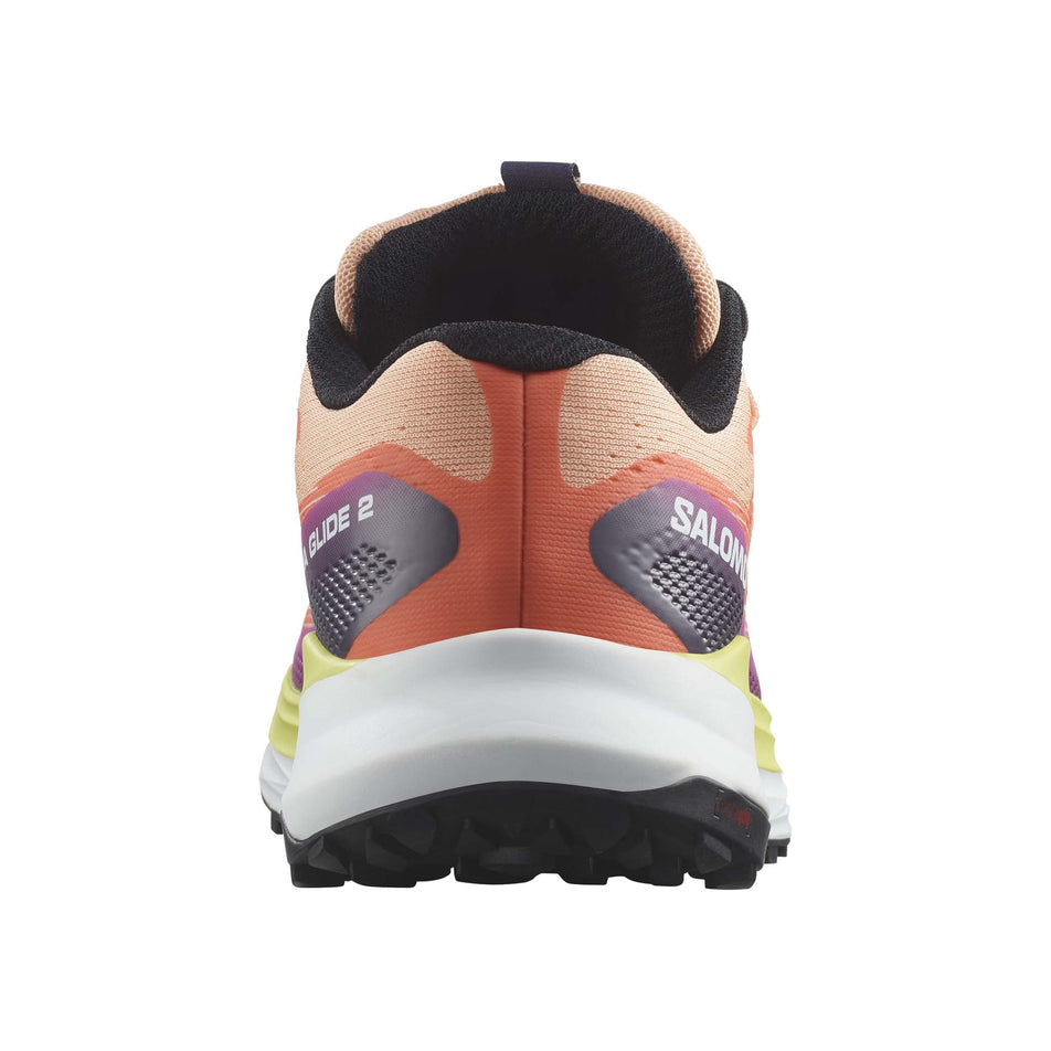 The back of the right shoe from a pair of Salomon Women's Ultra Glide 2 Trail Running Shoes in the Prairie Sunset/Rose Violet/Sunny Lime colourway (8157925736610)