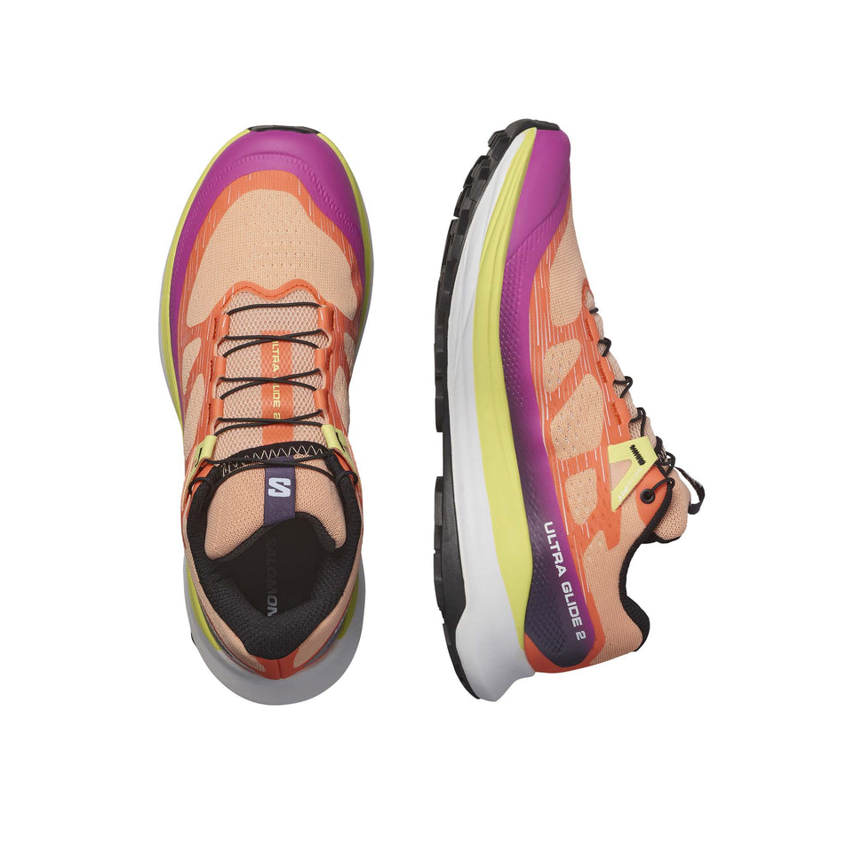 A pair of Salomon Women's Ultra Glide 2 Trail Running Shoes in the Prairie Sunset/Rose Violet/Sunny Lime colourway (8157925736610)
