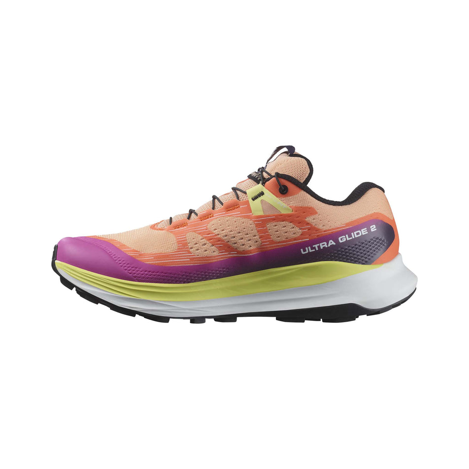 Medial side of the right shoe from a pair of Salomon Women's Ultra Glide 2 Trail Running Shoes in the Prairie Sunset/Rose Violet/Sunny Lime colourway (8157925736610)