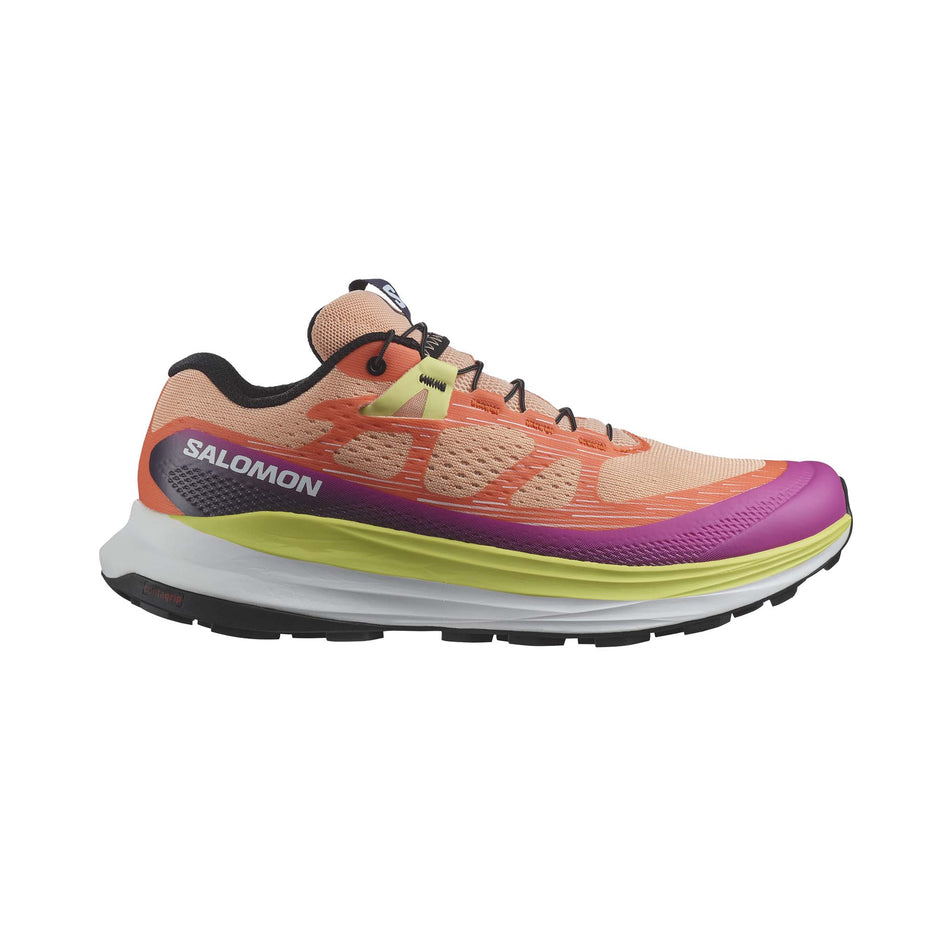 Lateral side of the right shoe from a pair of Salomon Women's Ultra Glide 2 Trail Running Shoes in the Prairie Sunset/Rose Violet/Sunny Lime colourway (8157925736610)