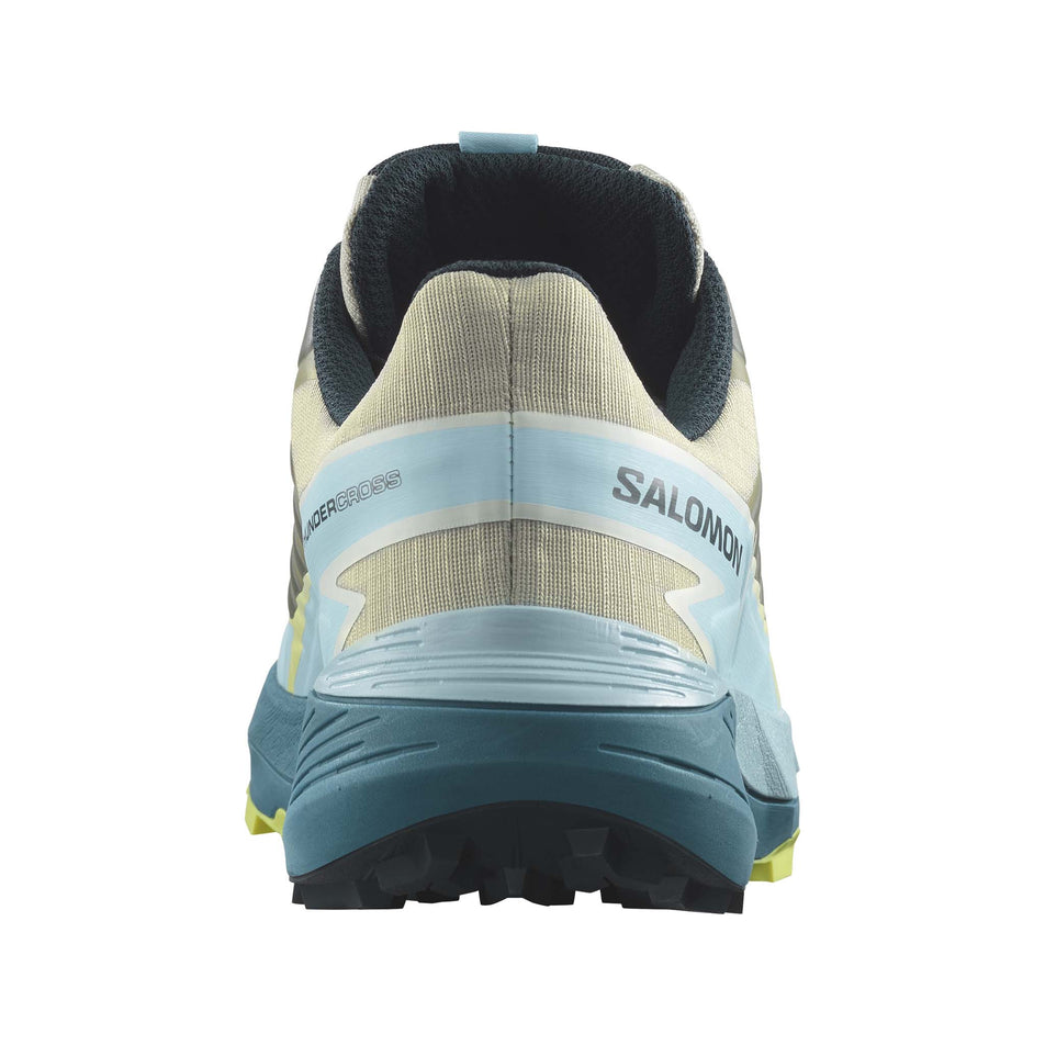 The back of the right shoe from a pair of Salomon Women's Thundercross Trail Running Shoes in the Alfalfa/Tanager Turquoise/Sunny Lime colourway (8157919838370)