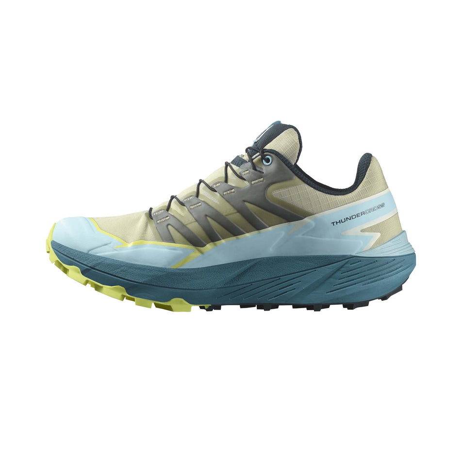 Medial side of the right shoe from a pair of Salomon Women's Thundercross Trail Running Shoes in the Alfalfa/Tanager Turquoise/Sunny Lime colourway (8157919838370)