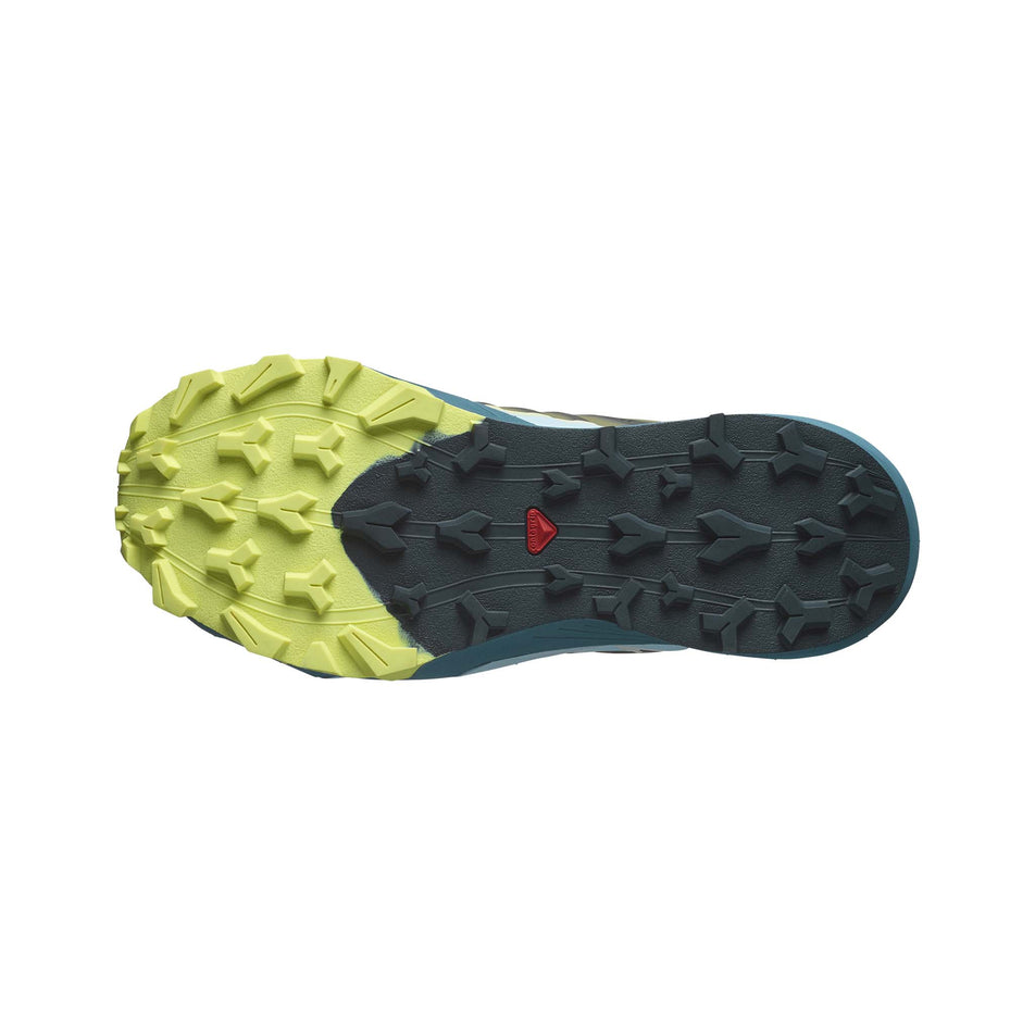 Outsole of the right shoe from a pair of Salomon Women's Thundercross Trail Running Shoes in the Alfalfa/Tanager Turquoise/Sunny Lime colourway (8157919838370)
