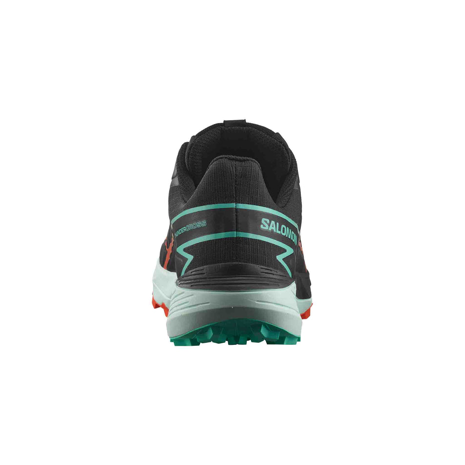 Back of the right shoe from a pair of Salomon Men's Thundercross Running Shoes in the Black/Cherry Tomato/Electric Green colourway (8407274684578)
