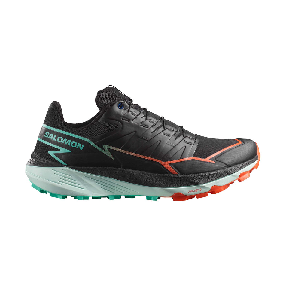 Lateral side of the right shoe from a pair of Salomon Men's Thundercross Running Shoes in the Black/Cherry Tomato/Electric Green colourway (8407274684578)