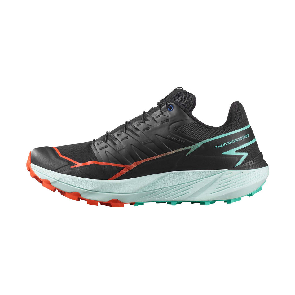 Medial side of the right shoe from a pair of Salomon Men's Thundercross Running Shoes in the Black/Cherry Tomato/Electric Green colourway (8407274684578)