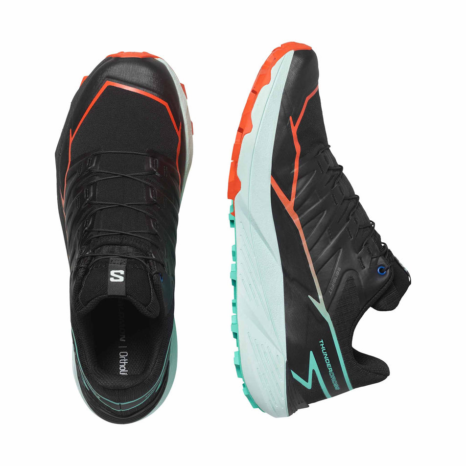 A pair of Salomon Men's Thundercross Running Shoes in the Black/Cherry Tomato/Electric Green colourway (8407274684578)