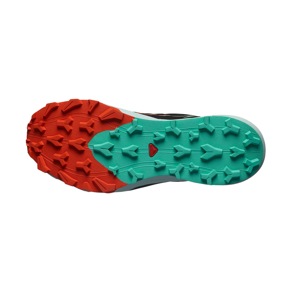 Outsole of the right shoe from a pair of Salomon Men's Thundercross Running Shoes in the Black/Cherry Tomato/Electric Green colourway (8407274684578)